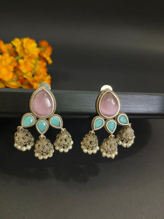 Pastel Dream: Pink and Blue Stone Jhumkas