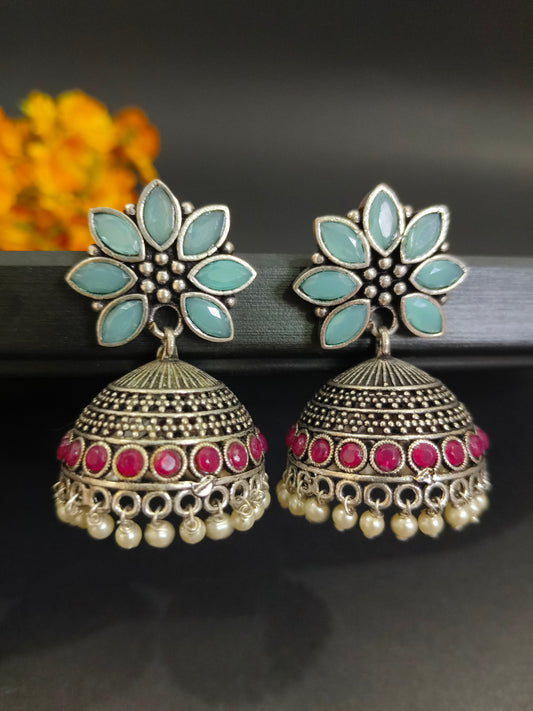 Blue and Pink Floral Jhumkas