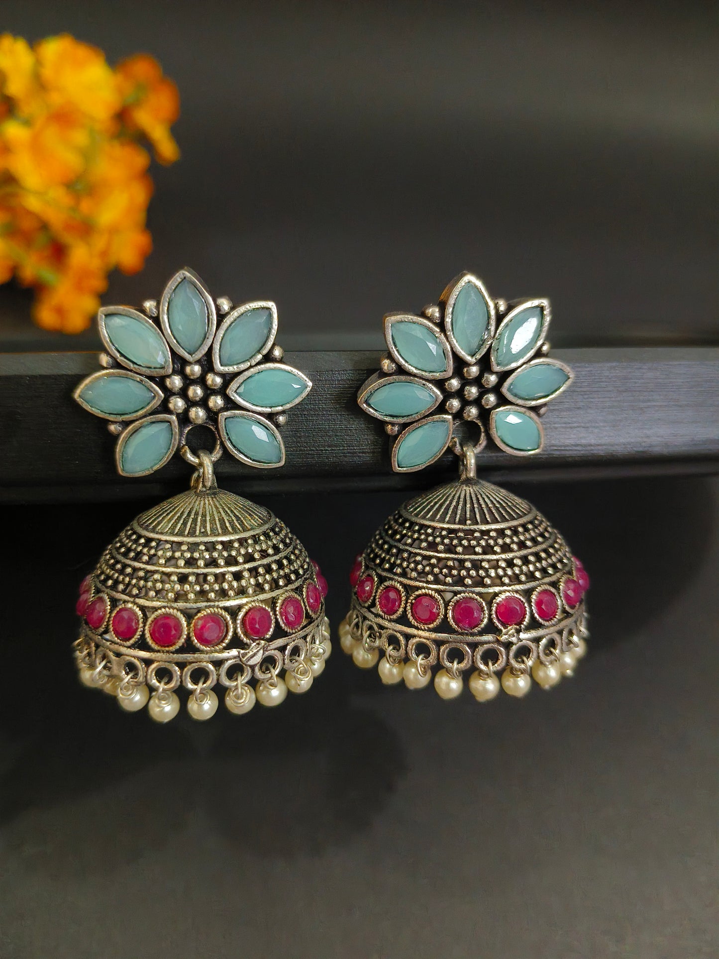 Blue and Pink Floral Jhumkas