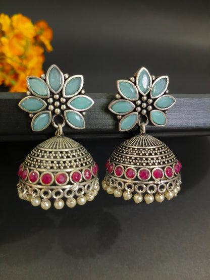 Blue and Pink Floral Jhumkas