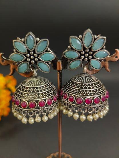 Blue and Pink Floral Jhumkas