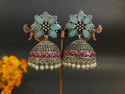 Blue and Pink Floral Jhumkas