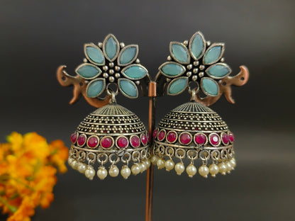 Blue and Pink Floral Jhumkas