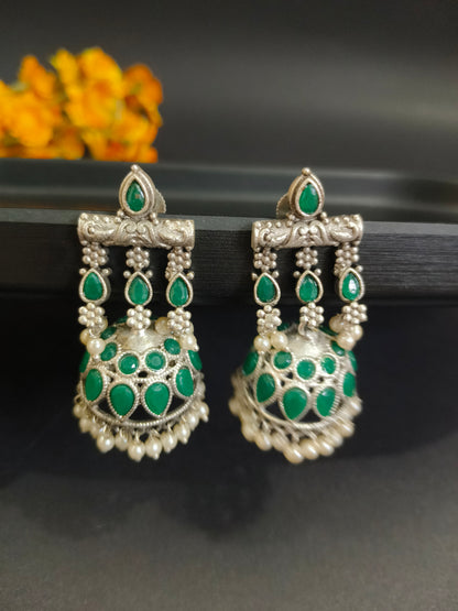 Green Stone and Pearl Jhumkas