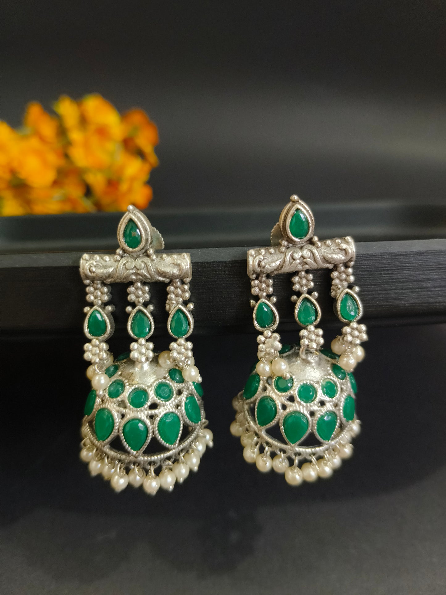 Green Stone and Pearl Jhumkas