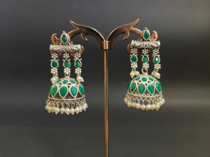 Green Stone and Pearl Jhumkas