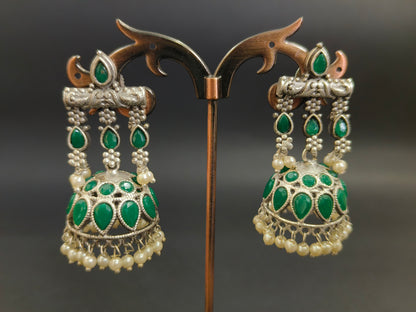 Green Stone and Pearl Jhumkas