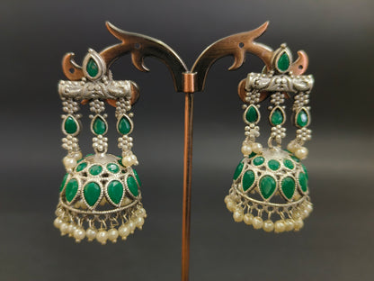 Green Stone and Pearl Jhumkas