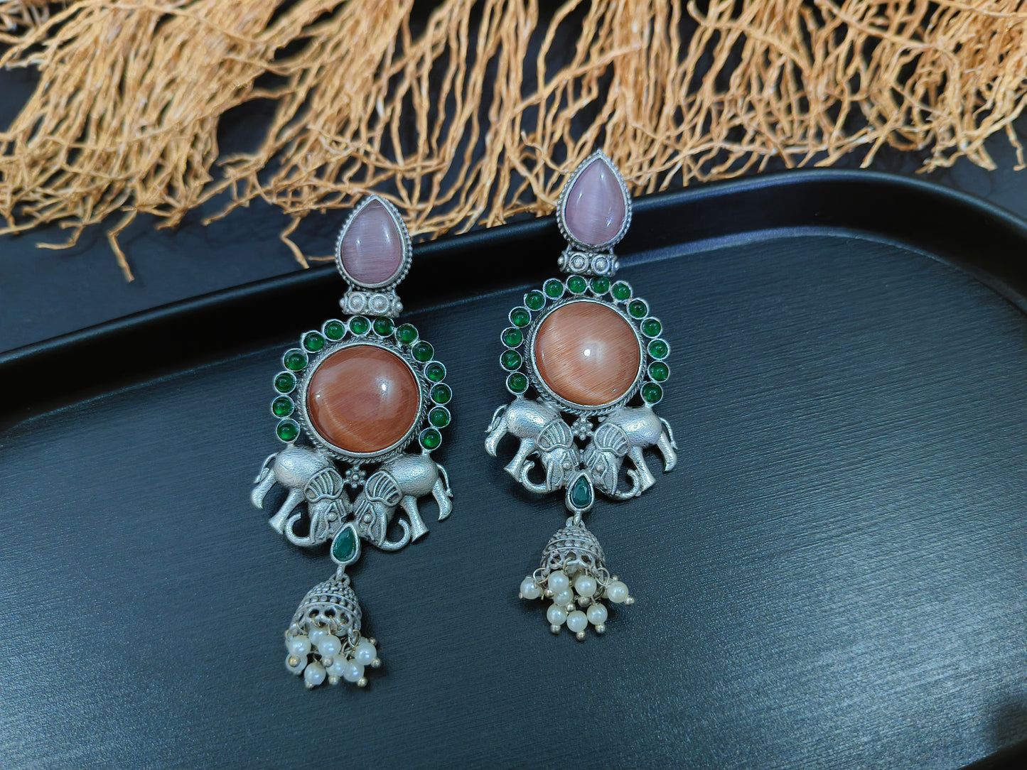 Mystical Charms: Elephant and Gemstone Dangler Earrings