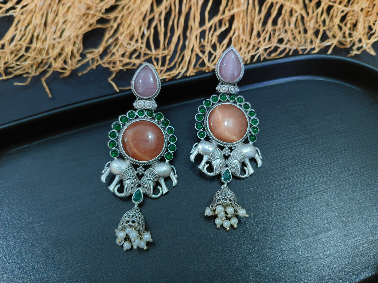 Mystical Charms: Elephant and Gemstone Dangler Earrings