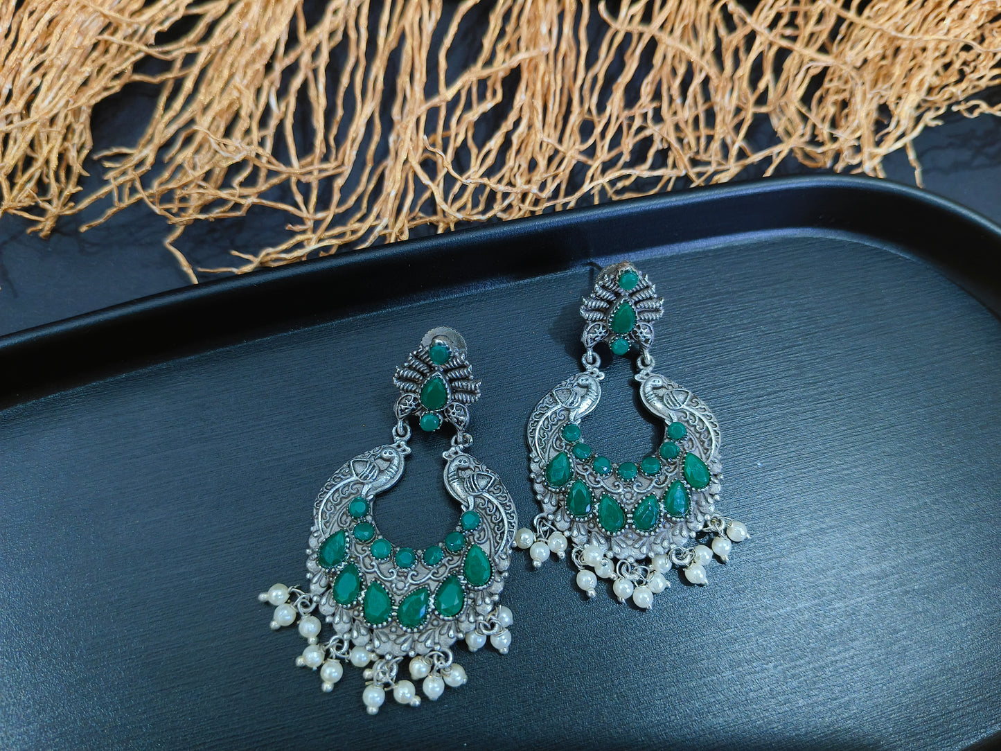 Peacock Paradise: Green Stone and Pearl Dangler Earrings