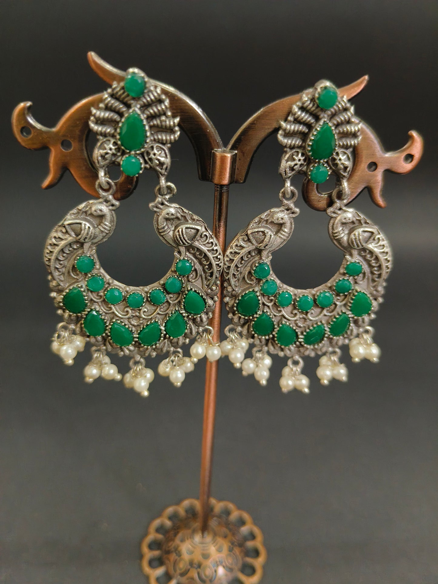 Peacock Paradise: Green Stone and Pearl Dangler Earrings