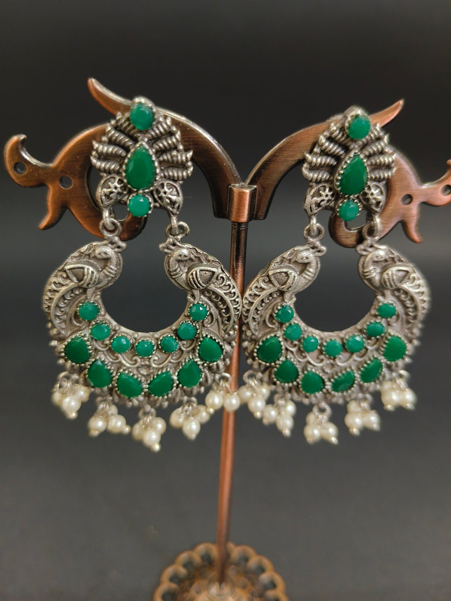 Peacock Paradise: Green Stone and Pearl Dangler Earrings