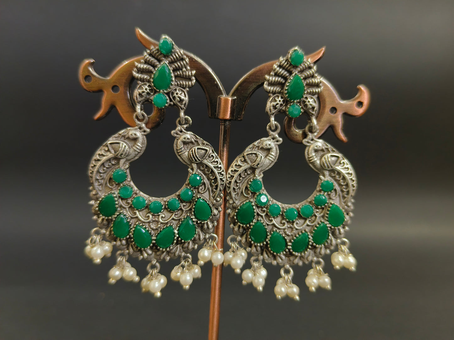 Peacock Paradise: Green Stone and Pearl Dangler Earrings