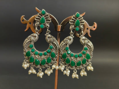 Peacock Paradise: Green Stone and Pearl Dangler Earrings