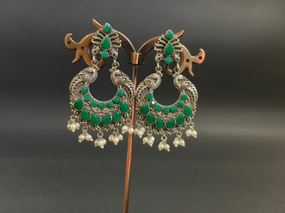 Peacock Paradise: Green Stone and Pearl Dangler Earrings