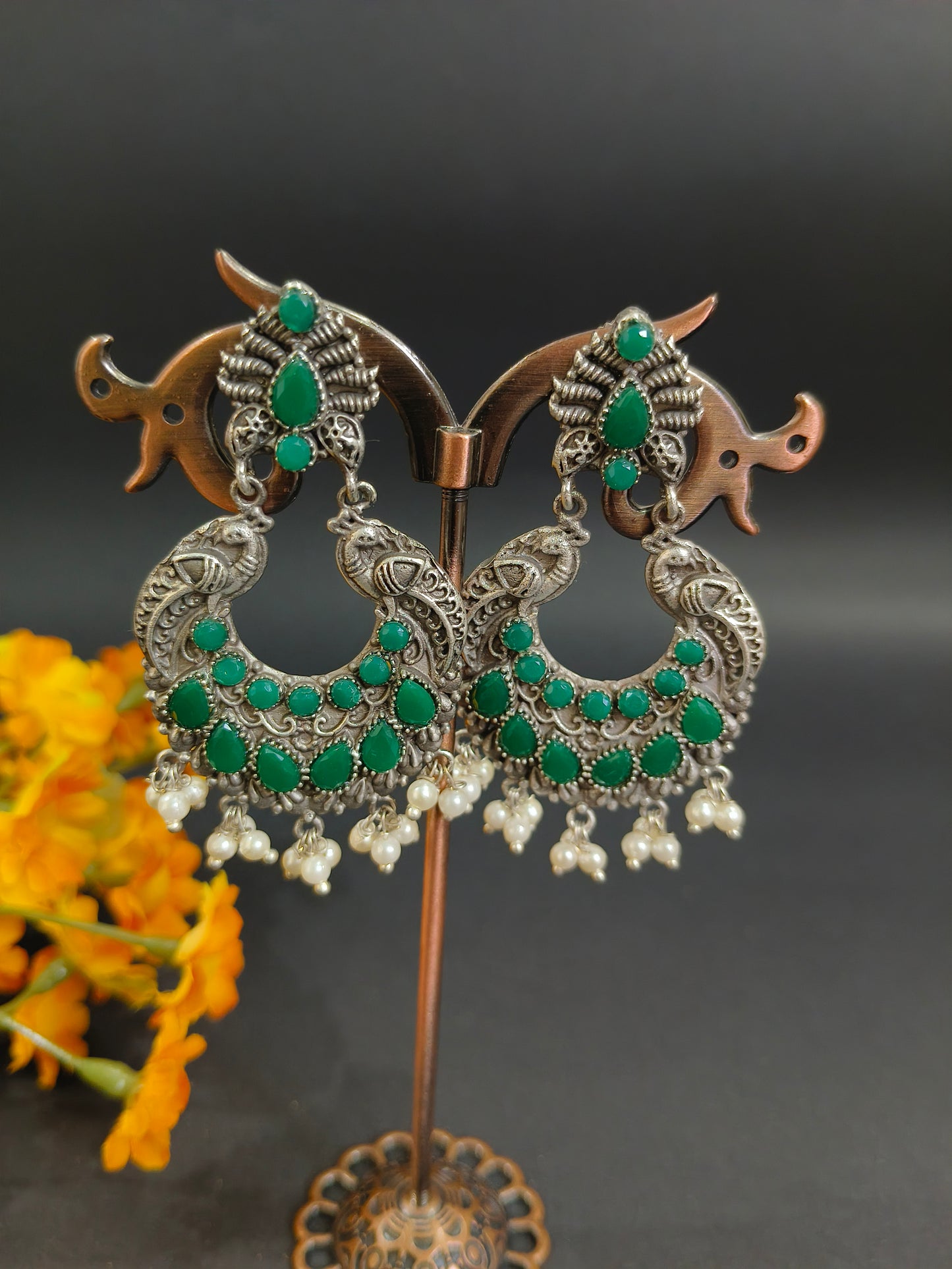 Peacock Paradise: Green Stone and Pearl Dangler Earrings