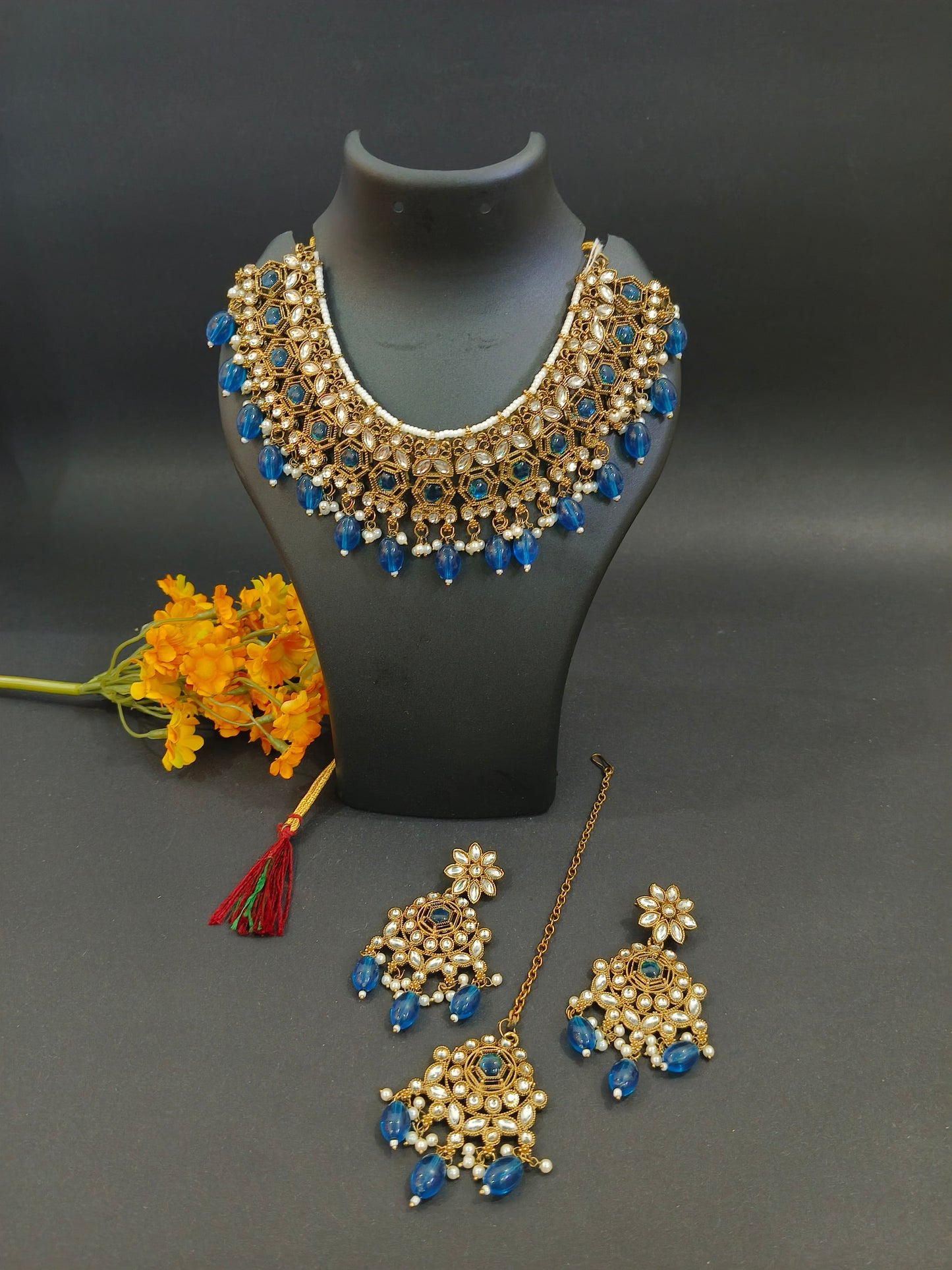 Katyayani Peacock Blue Mirror Jewellery Set with Necklace, Earrings & Maang Tikka