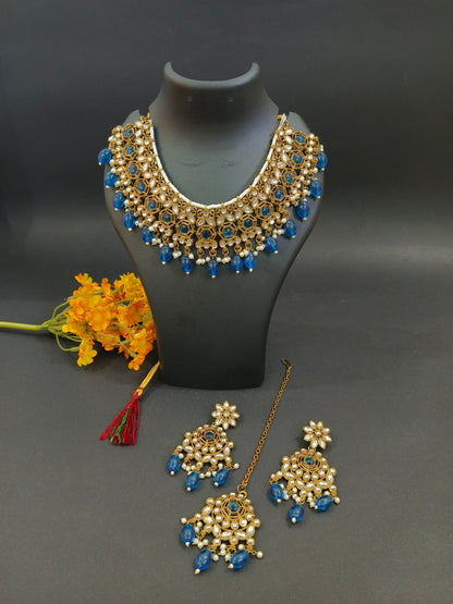 Katyayani Peacock Blue Mirror Jewellery Set with Necklace, Earrings & Maang Tikka