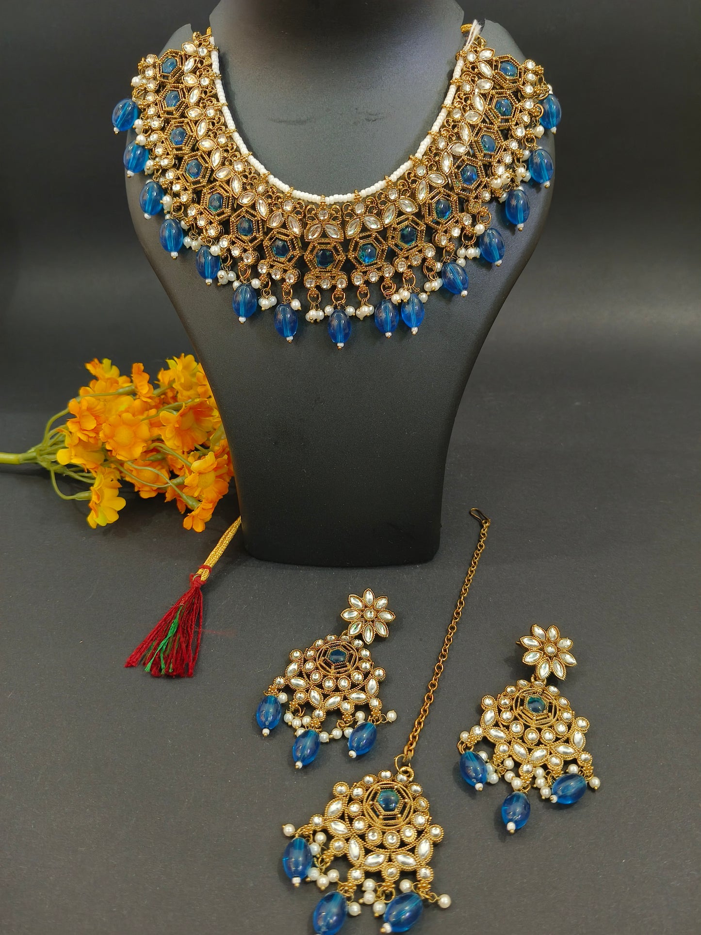 Katyayani Peacock Blue Mirror Jewellery Set with Necklace, Earrings & Maang Tikka