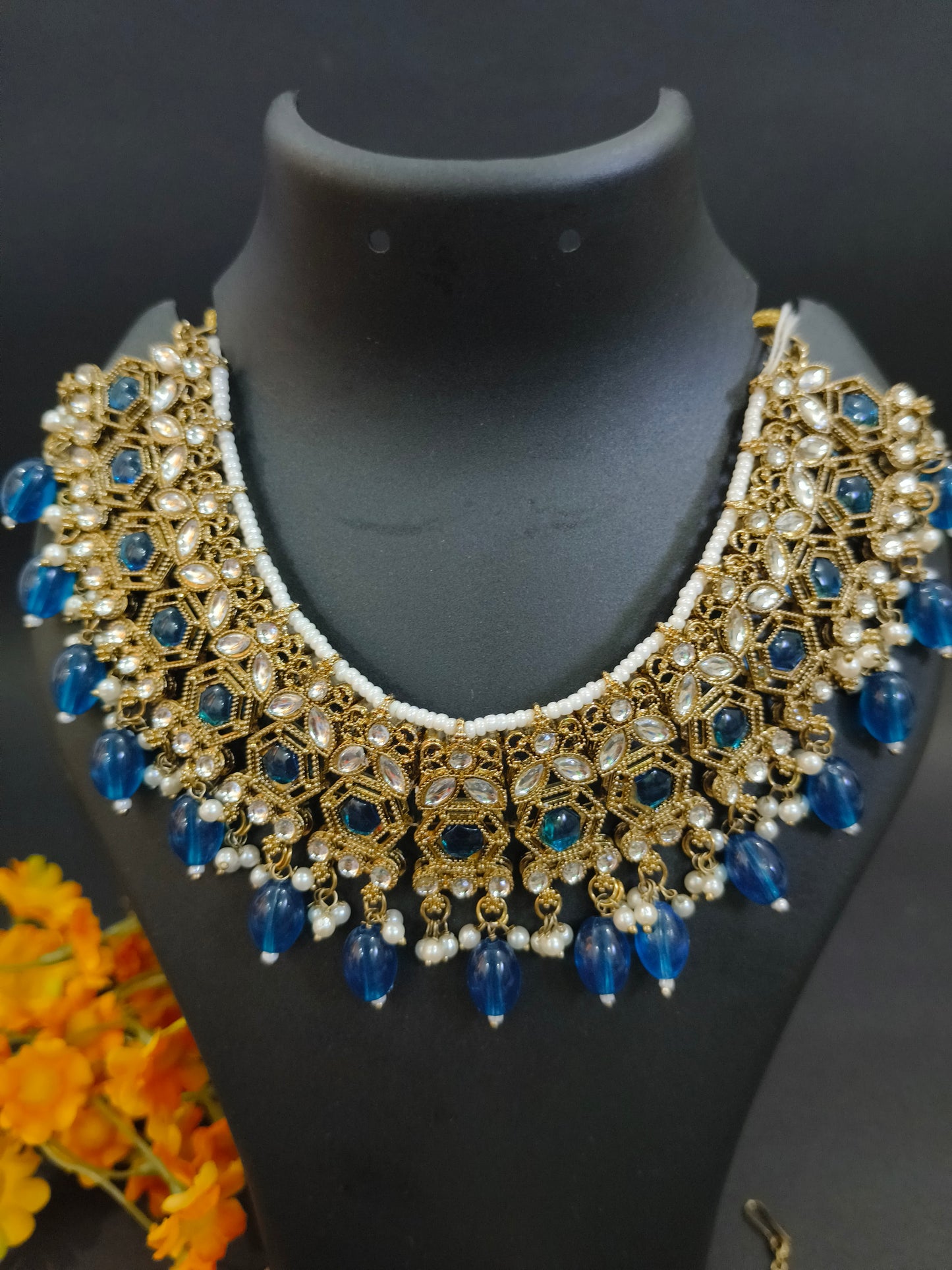 Katyayani Peacock Blue Mirror Jewellery Set with Necklace, Earrings & Maang Tikka