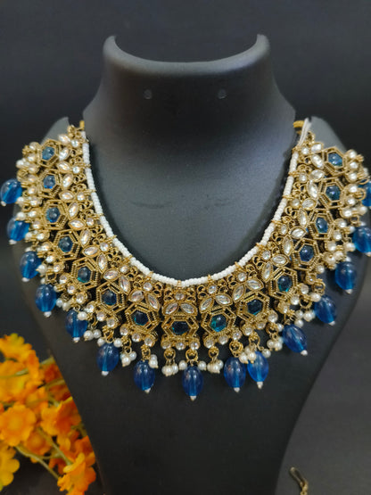 Katyayani Peacock Blue Mirror Jewellery Set with Necklace, Earrings & Maang Tikka
