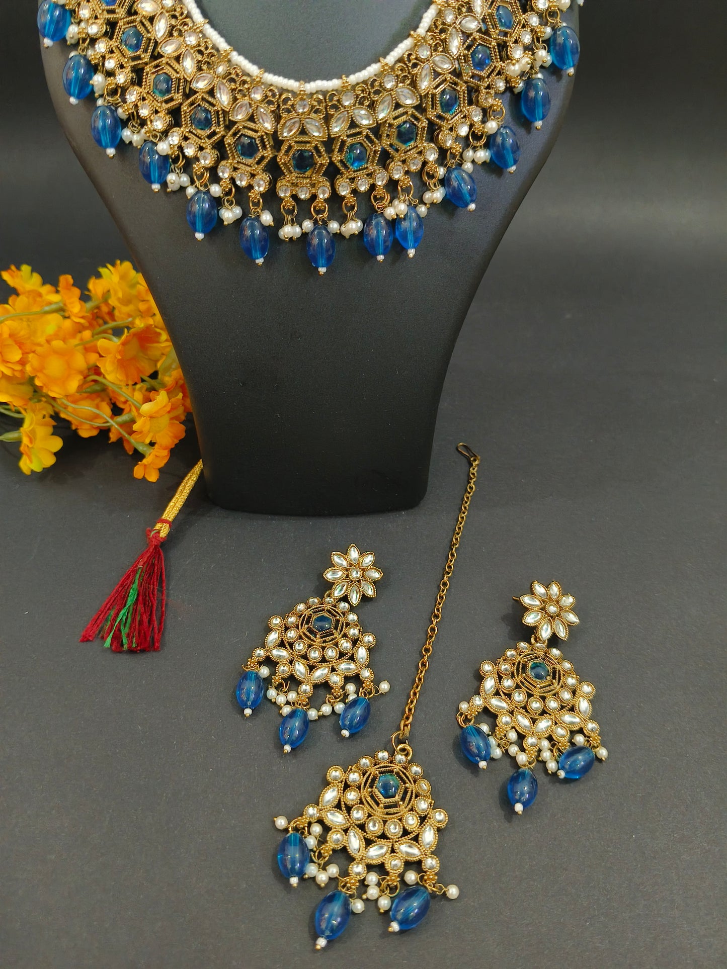 Katyayani Peacock Blue Mirror Jewellery Set with Necklace, Earrings & Maang Tikka