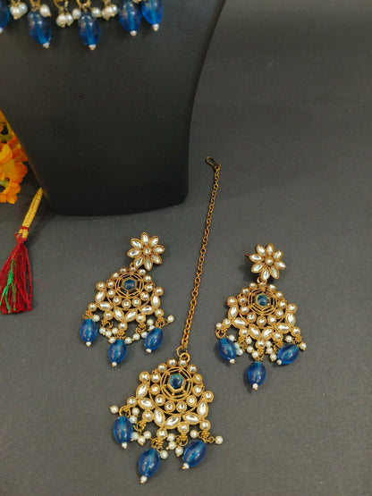 Katyayani Peacock Blue Mirror Jewellery Set with Necklace, Earrings & Maang Tikka