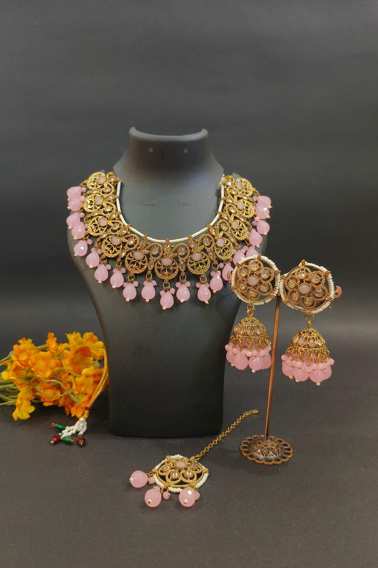 Indoexquisite Designs Tyani Inspired Uncut Real Kundan Necklace Set with Pink Beads