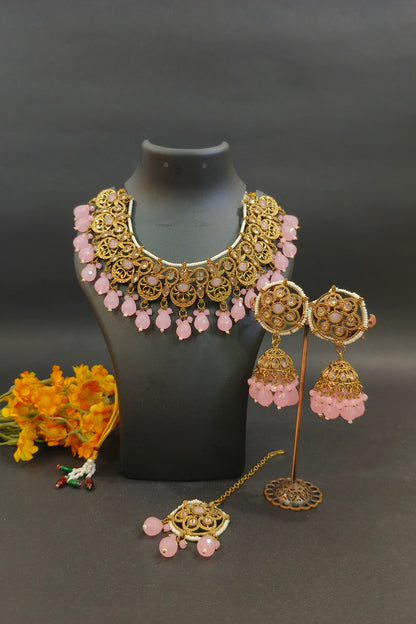 Indoexquisite Designs Tyani Inspired Uncut Real Kundan Necklace Set with Pink Beads