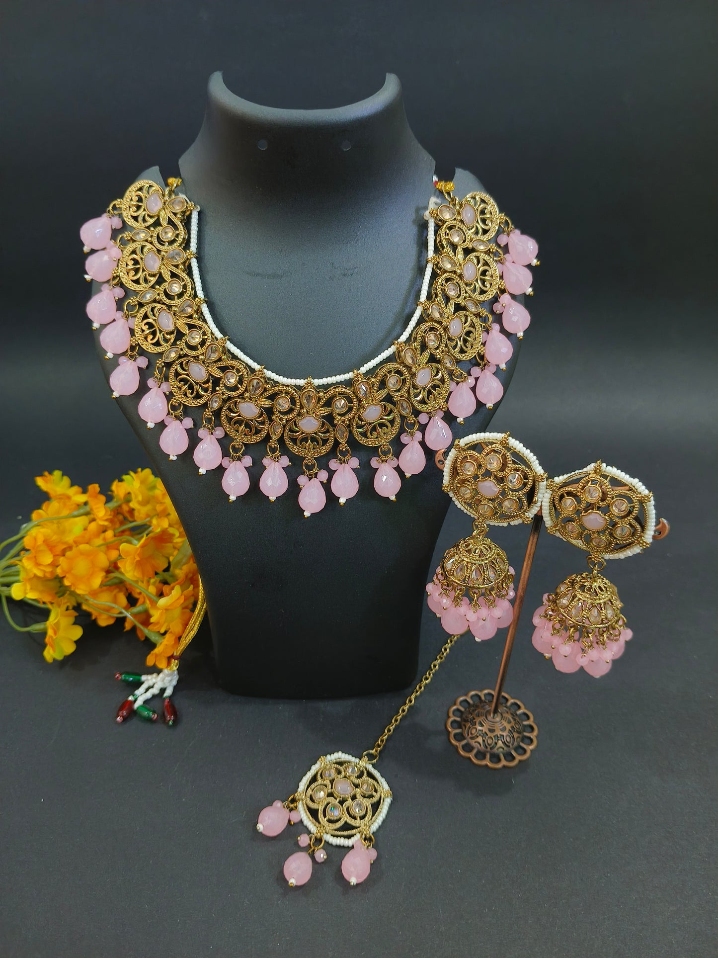 Indoexquisite Designs Tyani Inspired Uncut Real Kundan Necklace Set with Pink Beads
