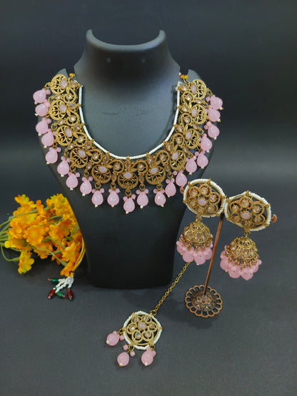 Indoexquisite Designs Tyani Inspired Uncut Real Kundan Necklace Set with Pink Beads