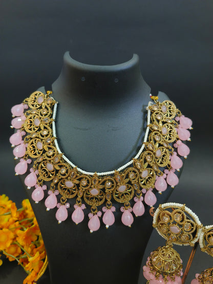 Indoexquisite Designs Tyani Inspired Uncut Real Kundan Necklace Set with Pink Beads