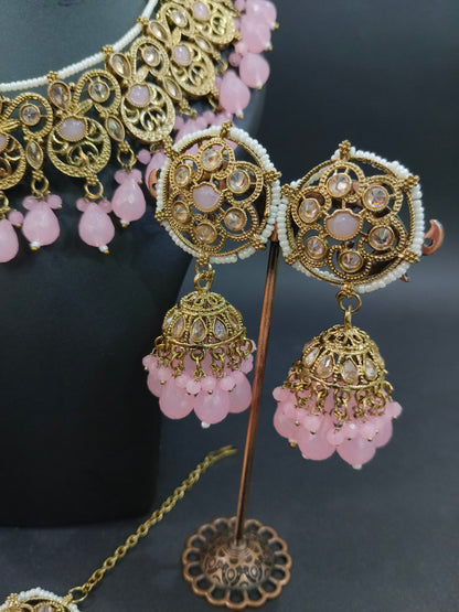 Indoexquisite Designs Tyani Inspired Uncut Real Kundan Necklace Set with Pink Beads