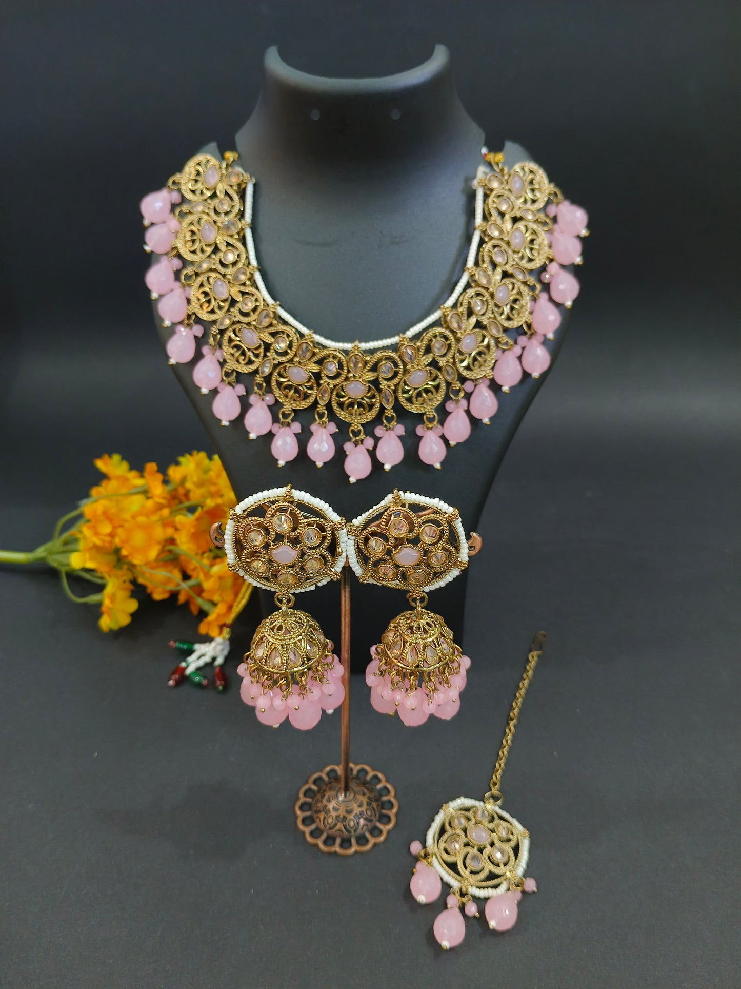 Indoexquisite Designs Tyani Inspired Uncut Real Kundan Necklace Set with Pink Beads