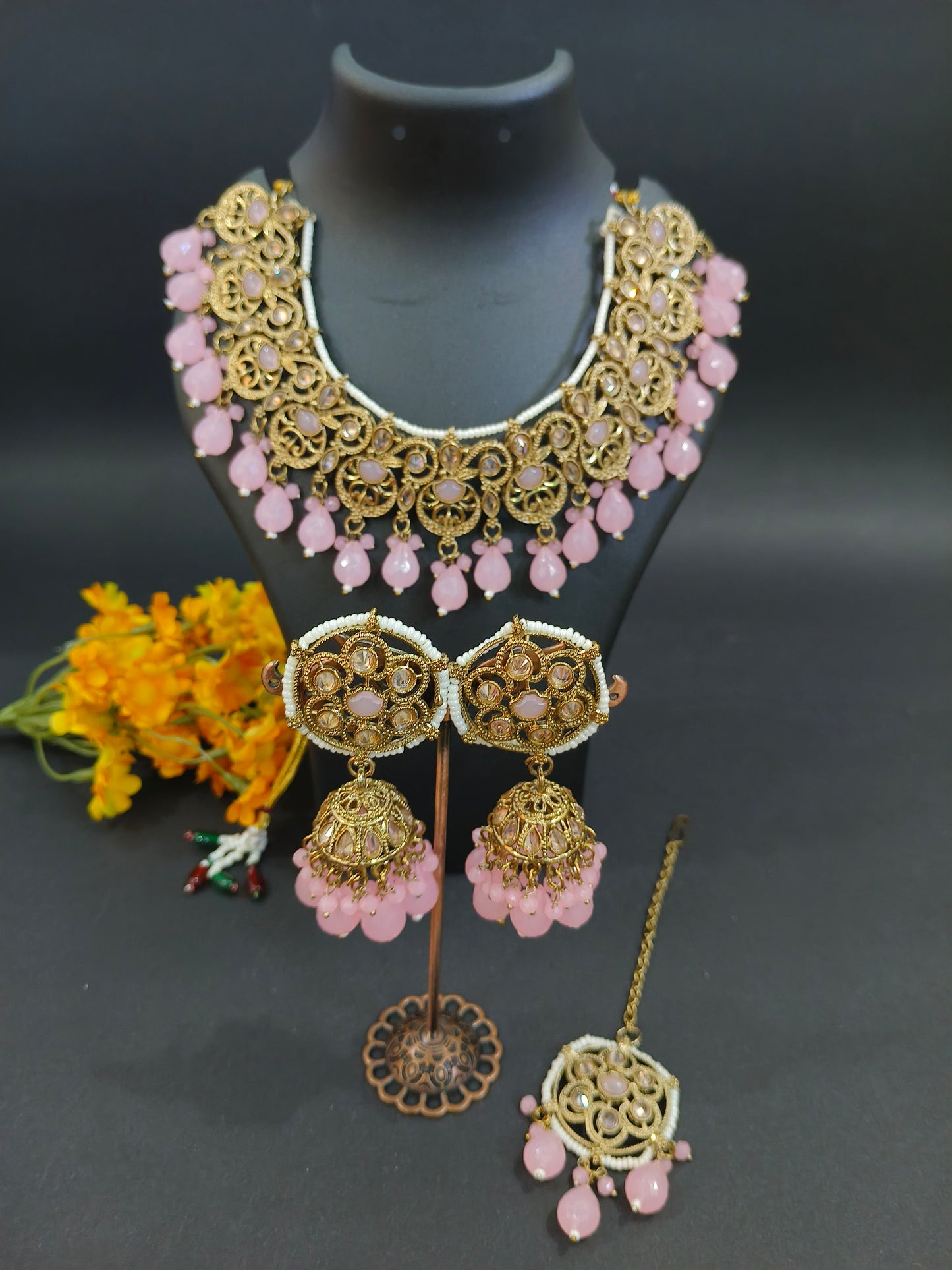 Indoexquisite Designs Tyani Inspired Uncut Real Kundan Necklace Set with Pink Beads