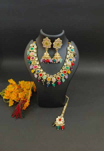 JCM Gold Plated Multicolor Jewel Set with Necklace, Earrings & Maang Tikka