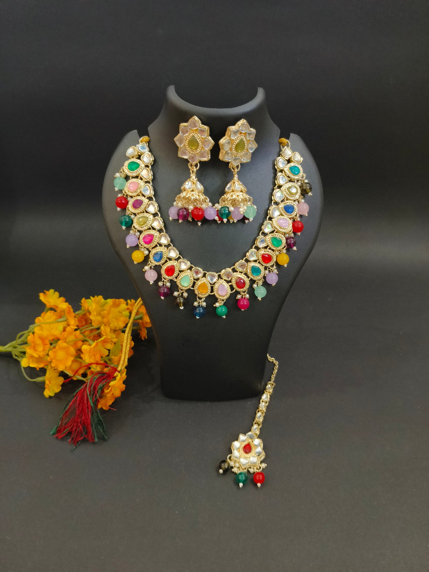 JCM Gold Plated Multicolor Jewel Set with Necklace, Earrings & Maang Tikka