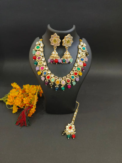 JCM Gold Plated Multicolor Jewel Set with Necklace, Earrings & Maang Tikka