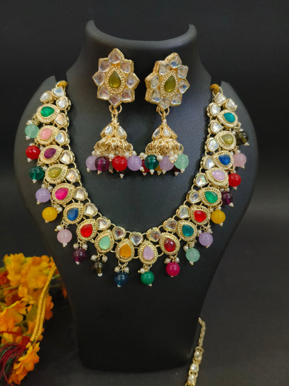 JCM Gold Plated Multicolor Jewel Set with Necklace, Earrings & Maang Tikka