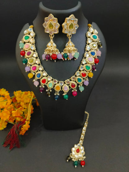 JCM Gold Plated Multicolor Jewel Set with Necklace, Earrings & Maang Tikka