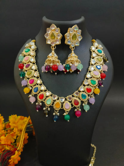 JCM Gold Plated Multicolor Jewel Set with Necklace, Earrings & Maang Tikka