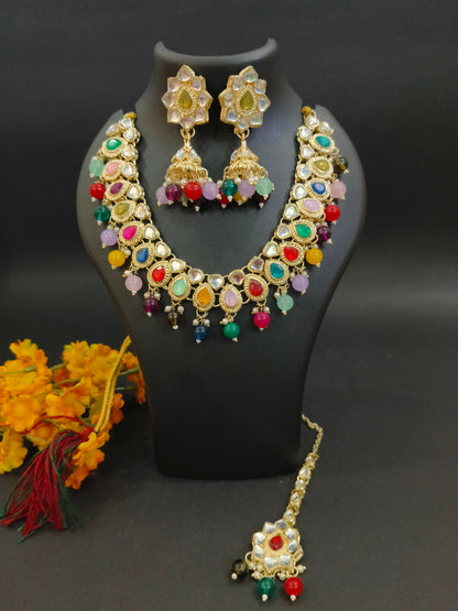 JCM Gold Plated Multicolor Jewel Set with Necklace, Earrings & Maang Tikka