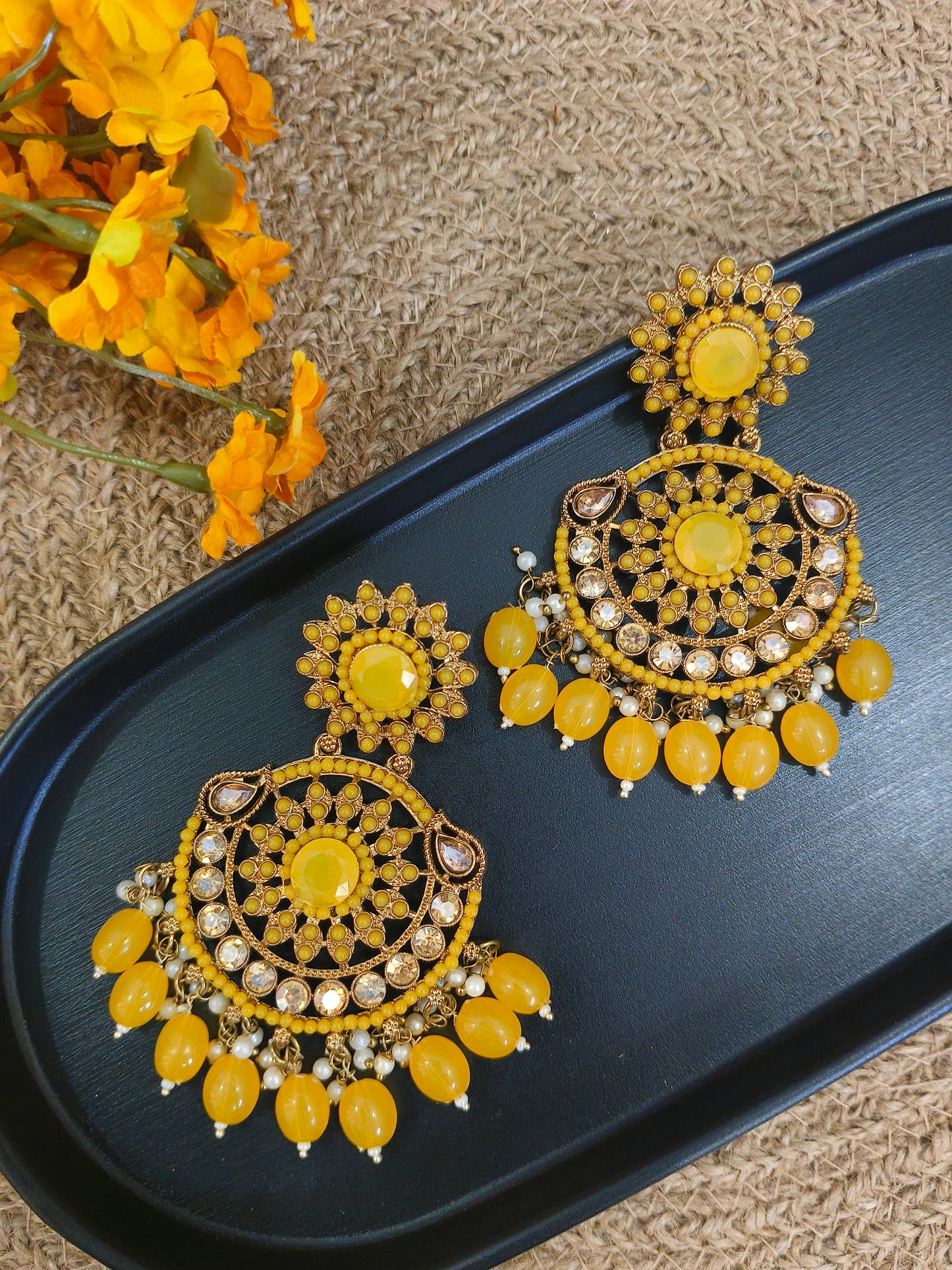 Yellow Beads Gold Plated Earrings